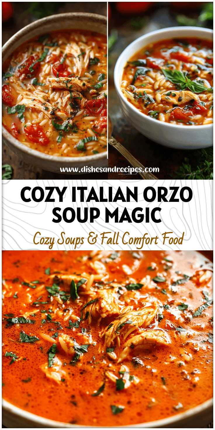 Bowl of Tomato Basil Chicken Orzo Soup with herbs served as a cozy Italian Soup on a rustic table.